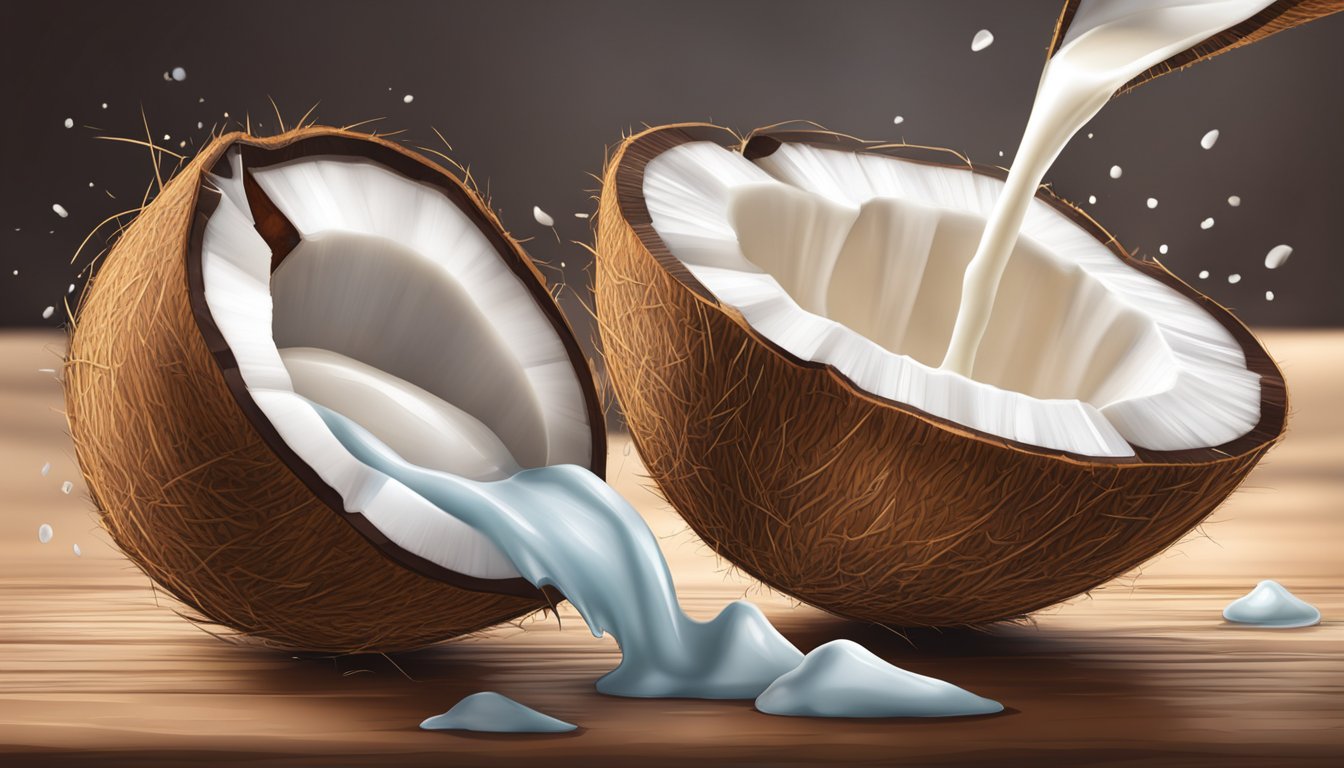 A coconut split in half, one fresh and one frozen, with the milk pouring out to show the difference in texture and flavor