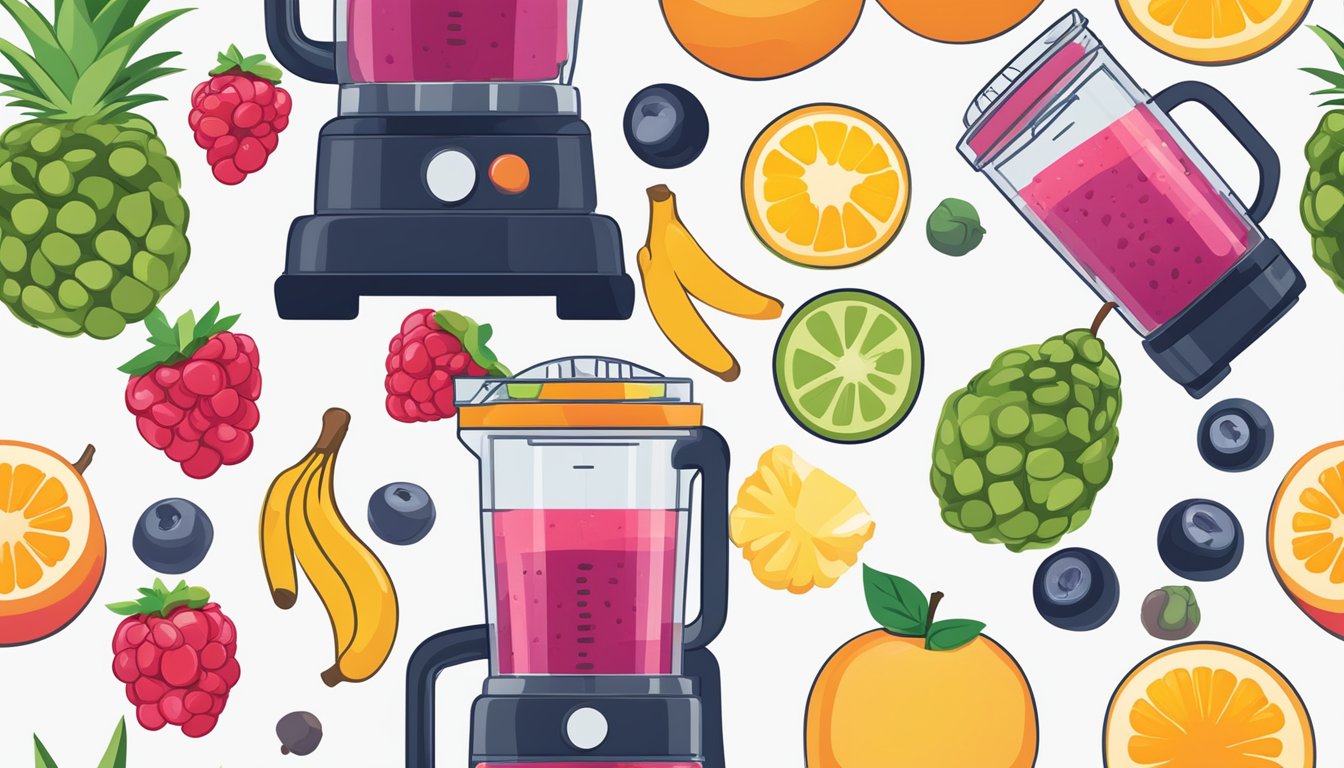 Fresh and frozen fruit displayed near a blender, with a variety of options for blending the perfect smoothie