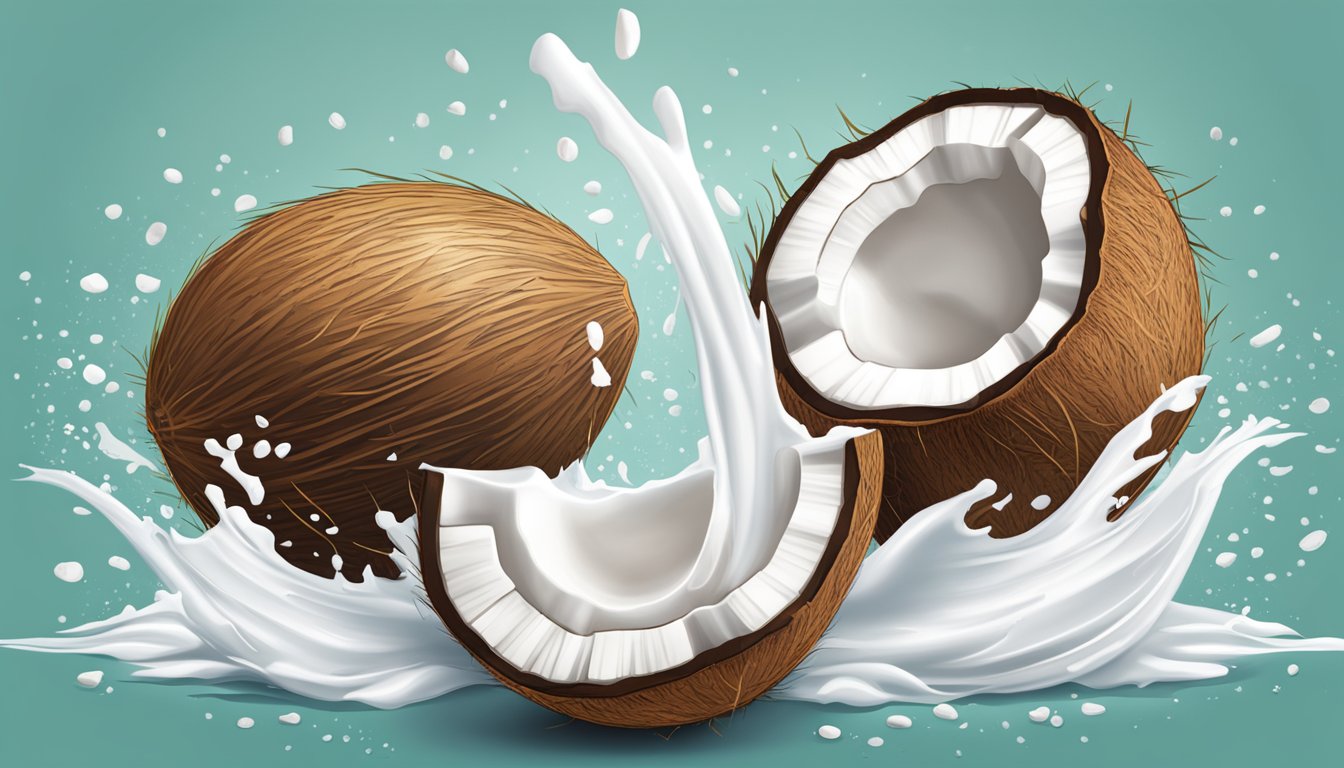 A coconut split open, with fresh coconut milk pouring out on one side and frozen coconut milk on the other, showcasing the difference in texture and flavor