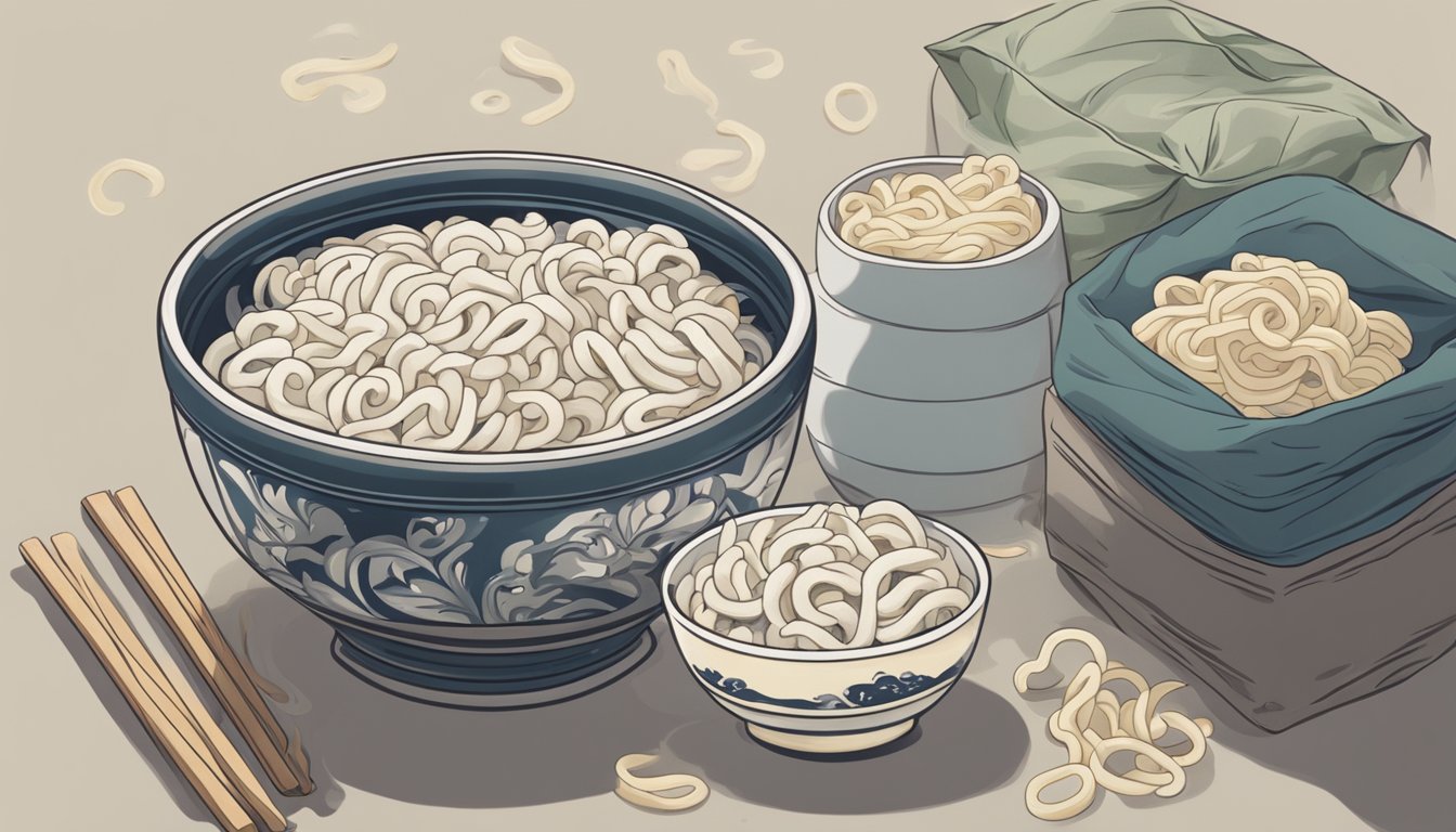 A steaming bowl of fresh udon noodles sits next to a bag of frozen udon. A hand reaches for the fresh noodles, while the frozen ones remain untouched