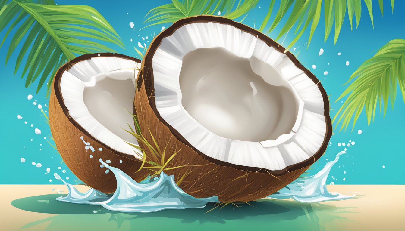 A coconut split open with fresh and frozen coconut milk pouring out, surrounded by vibrant green palm leaves and a clear blue sky