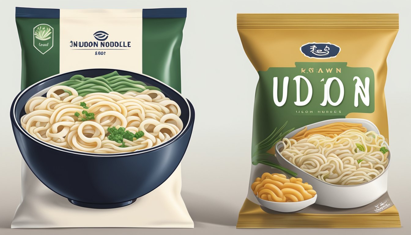 A steaming bowl of fresh udon noodles sits next to a bag of frozen udon, highlighting the difference in texture, taste, and convenience