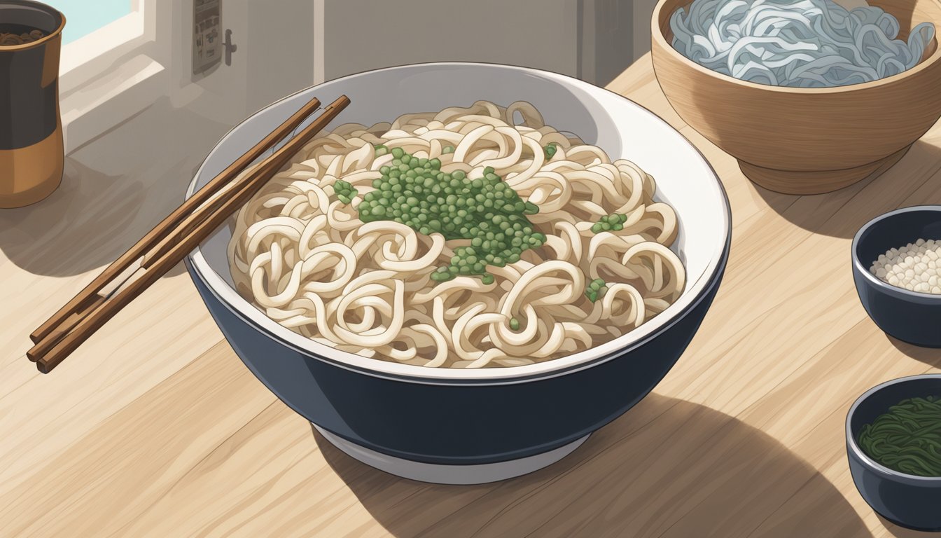 A steaming bowl of freshly made udon noodles sits next to a bag of frozen udon. The fresh noodles are thick and chewy, while the frozen ones appear slightly limp and less appetizing