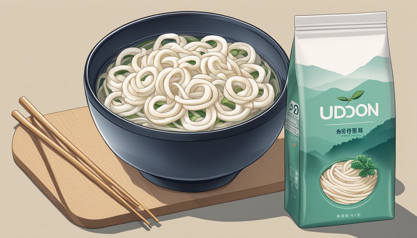 A steaming bowl of fresh udon noodles sits next to a package of frozen udon. The fresh noodles glisten with moisture, while the frozen noodles appear firm and icy