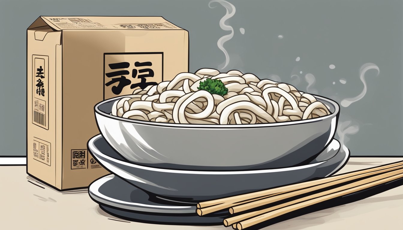 A steaming bowl of fresh udon noodles sits next to a package of frozen udon. The fresh noodles are thick and chewy, while the frozen noodles appear firmer and less pliable