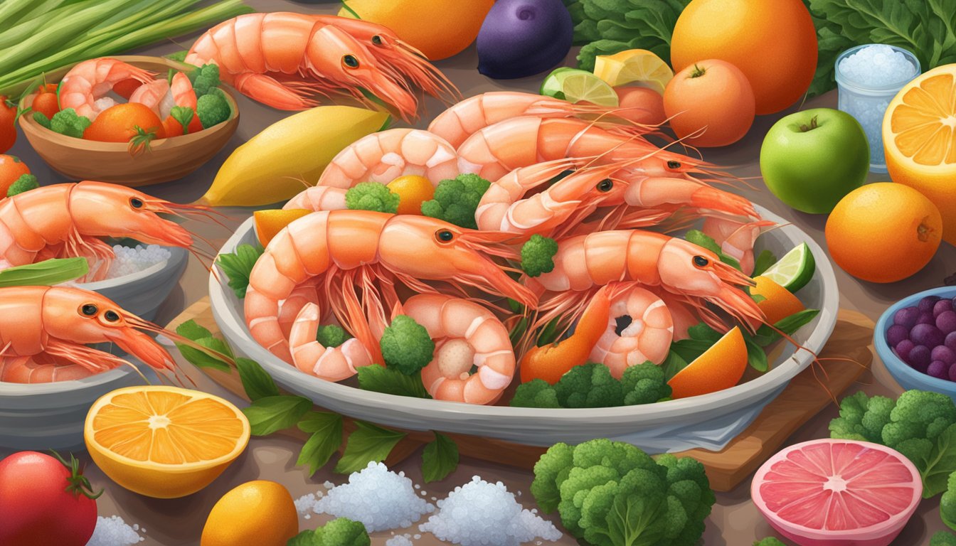 A pile of fresh shrimp sits next to a bag of frozen shrimp, surrounded by vibrant fruits and vegetables. The debate between fresh and frozen seafood is captured in this colorful scene