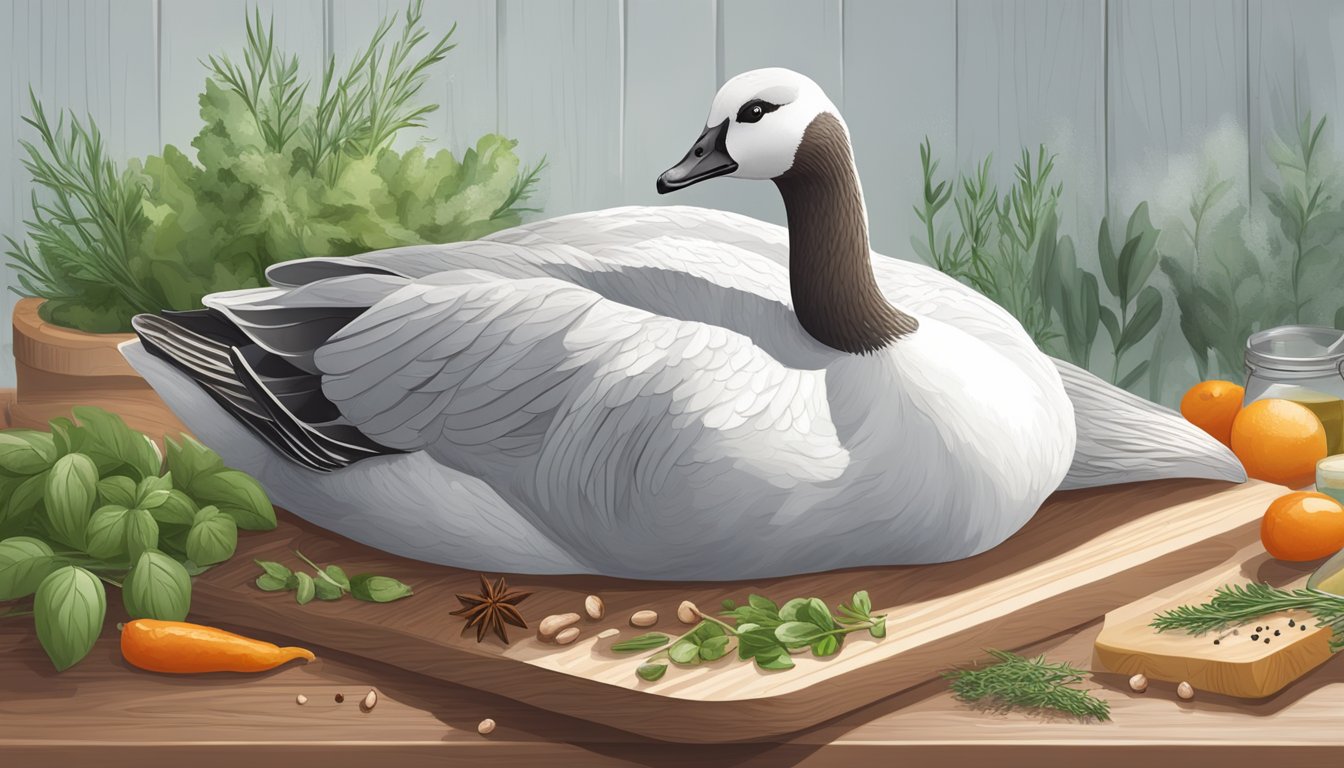 A plump, whole goose sits on a wooden cutting board, surrounded by fresh herbs and spices. A bag of frozen goose is nearby, with frost still clinging to the packaging