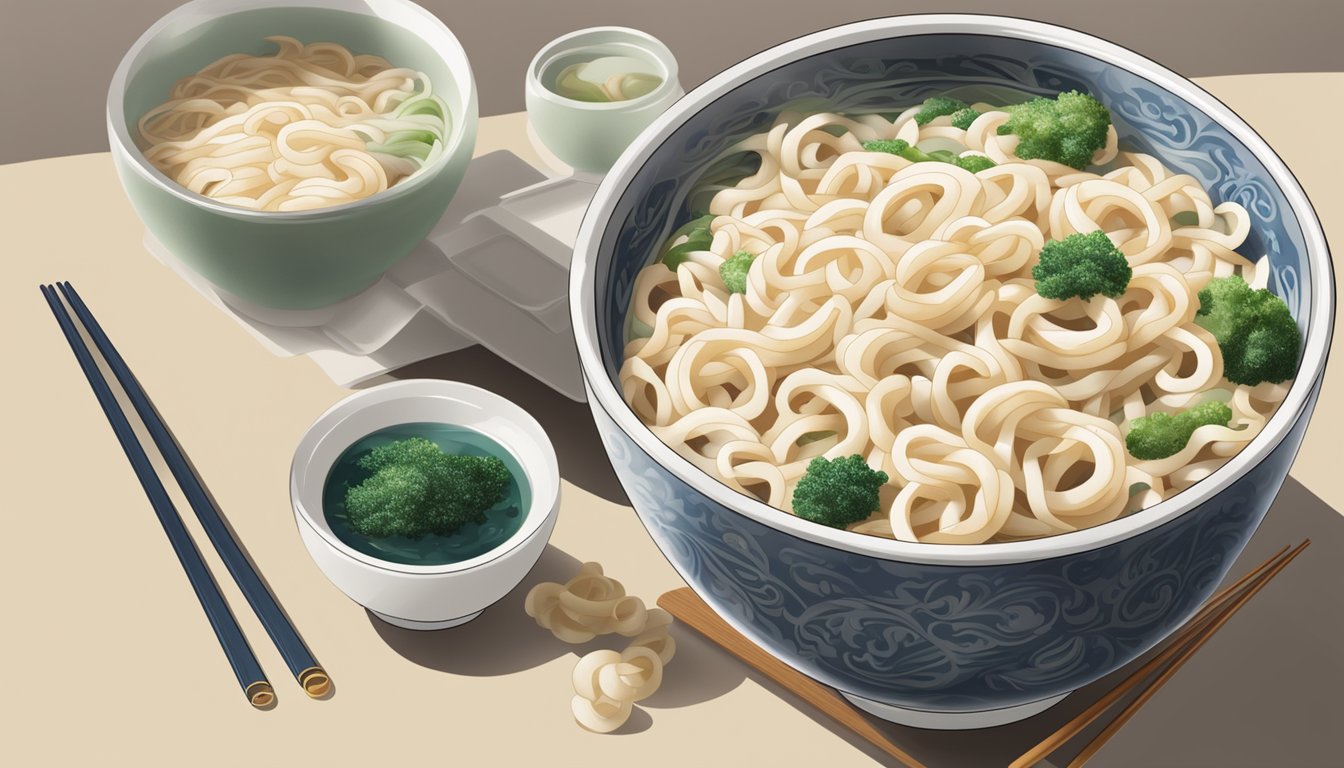 A steaming bowl of fresh udon noodles next to a package of frozen udon, with chopsticks resting on the side