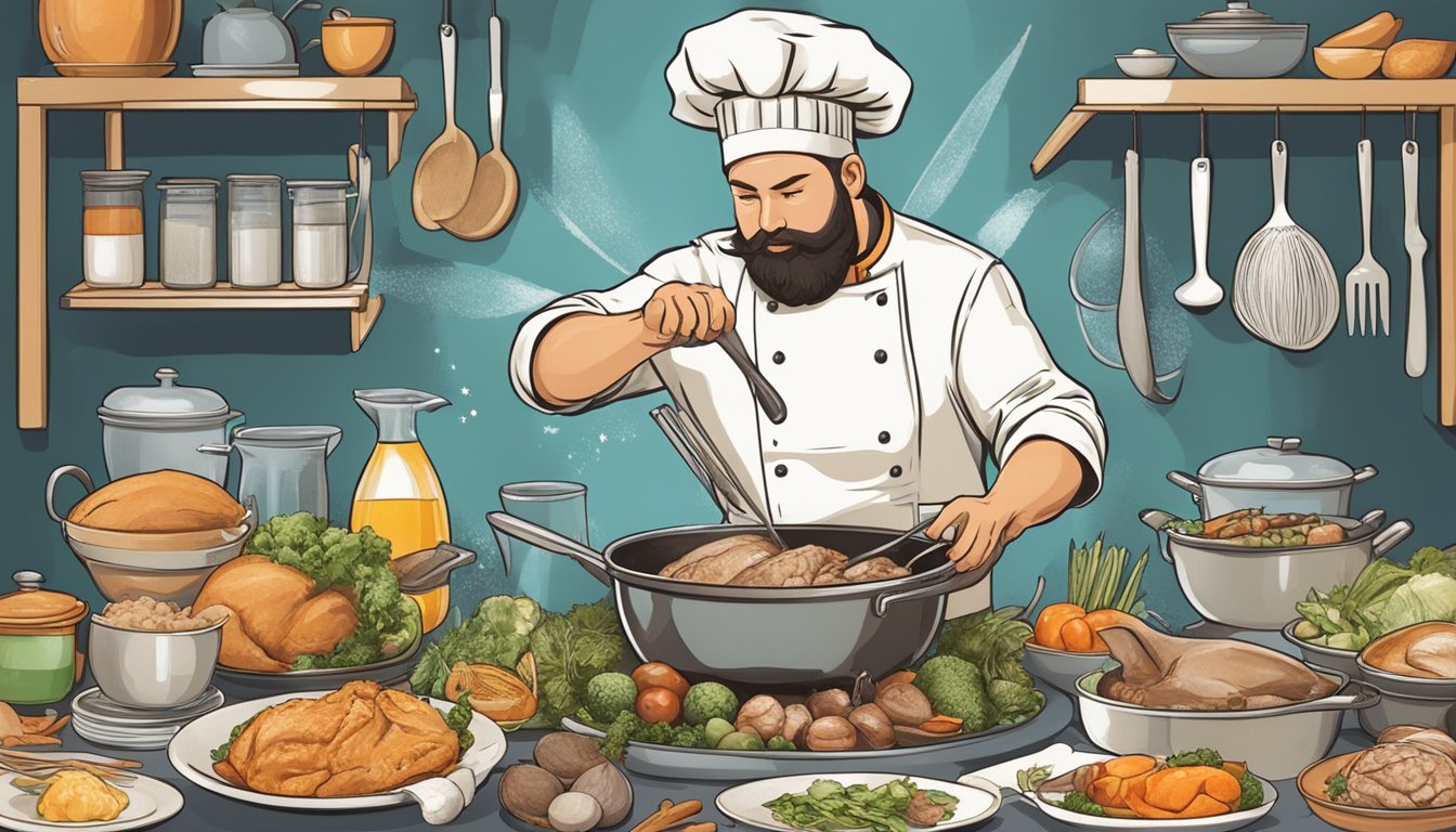 A chef comparing a fresh and frozen goose, surrounded by various cooking utensils and ingredients for a festive feast