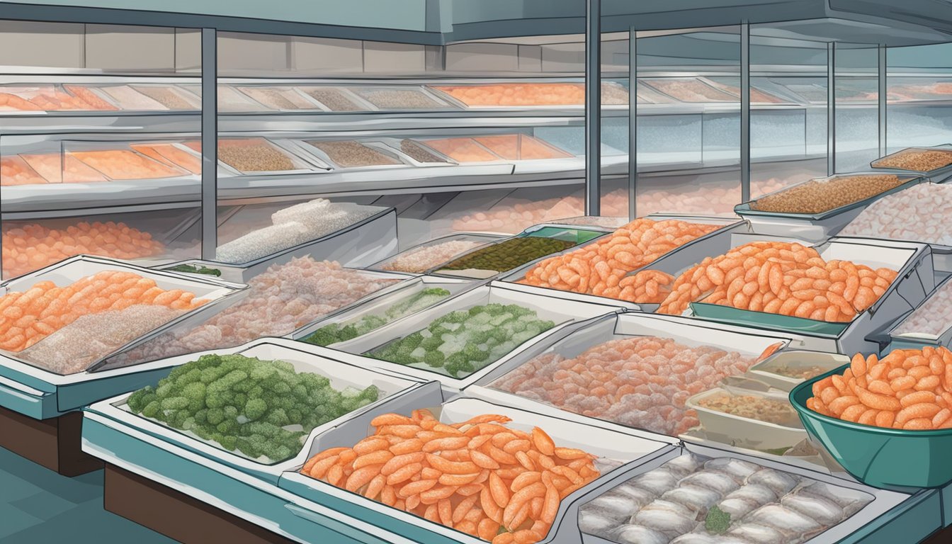 A freezer with neatly organized bags of frozen shrimp next to a display of fresh seafood at a bustling market