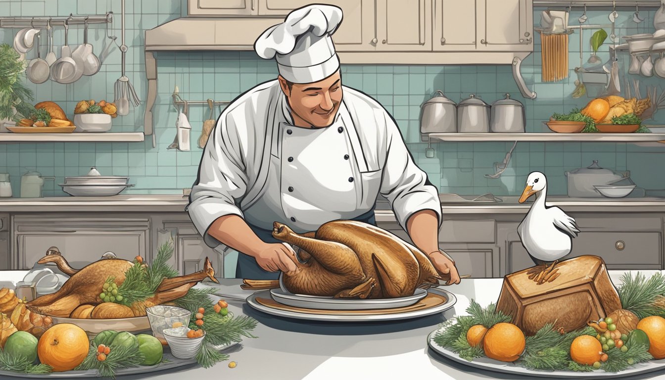 A chef carves and serves a fresh goose while a frozen one sits on a platter, highlighting the choice between the two for a festive feast