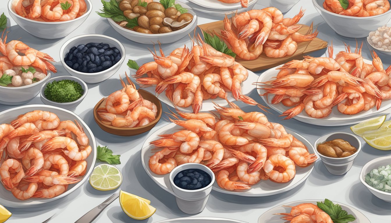 A pile of frozen shrimp and fresh seafood sit side by side on a clean, white countertop, with a debate raging in the background