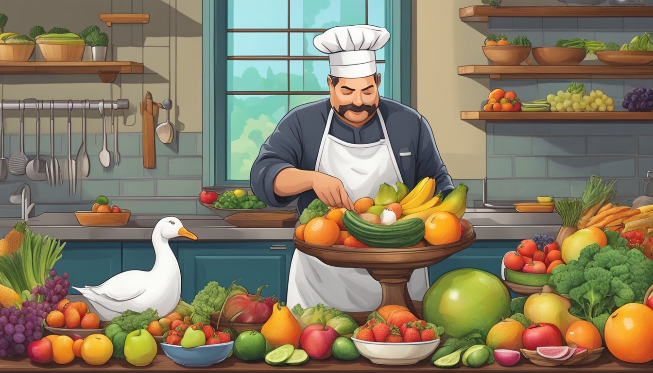 A chef carefully examines a fresh and frozen goose, surrounded by an array of vibrant fruits and vegetables, in preparation for a festive feast