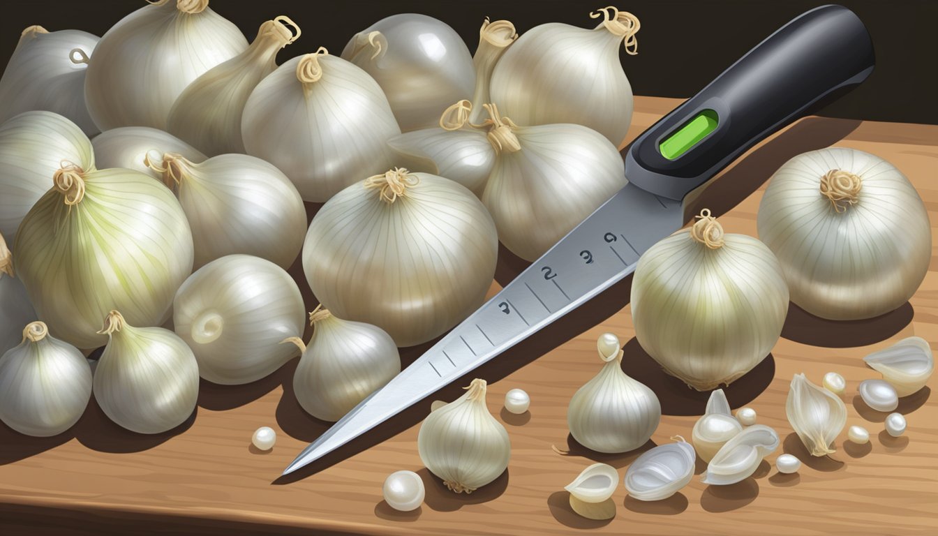 A pile of frozen and fresh pearl onions side by side on a cutting board, with a measuring tape nearby for comparison