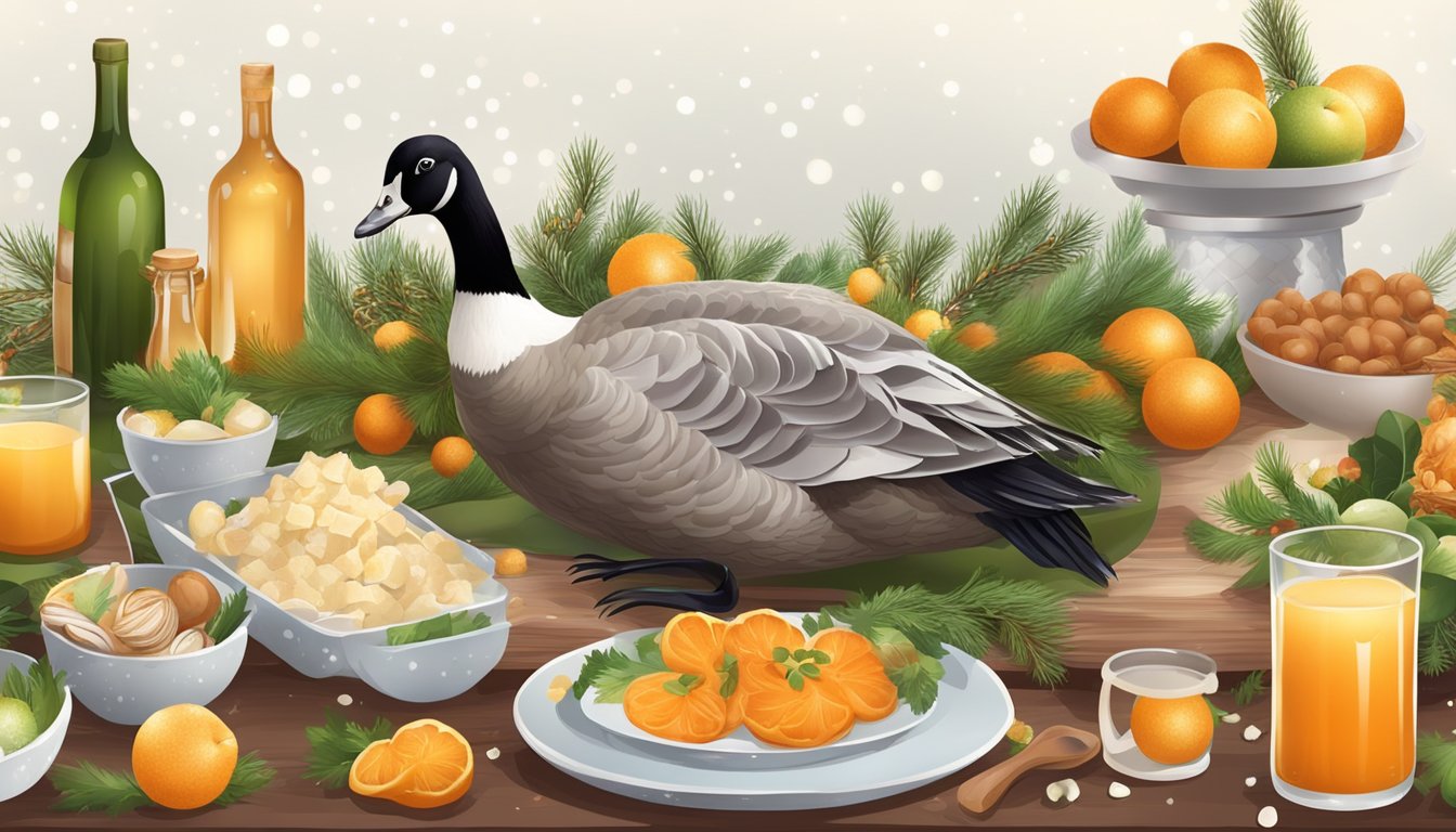 A table with fresh and frozen goose, surrounded by festive decorations and ingredients