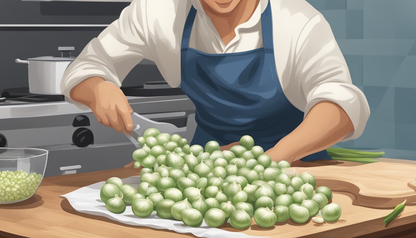 A chef slicing fresh pearl onions while a bag of frozen pearl onions sits nearby