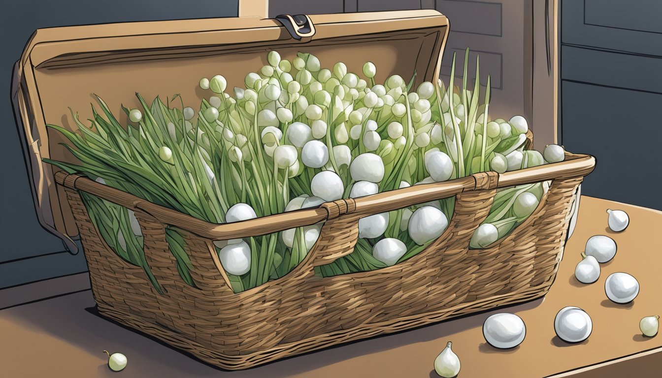 A freezer with bags of frozen pearl onions next to a basket of fresh pearl onions, showcasing the convenience and storage options for tiny alliums