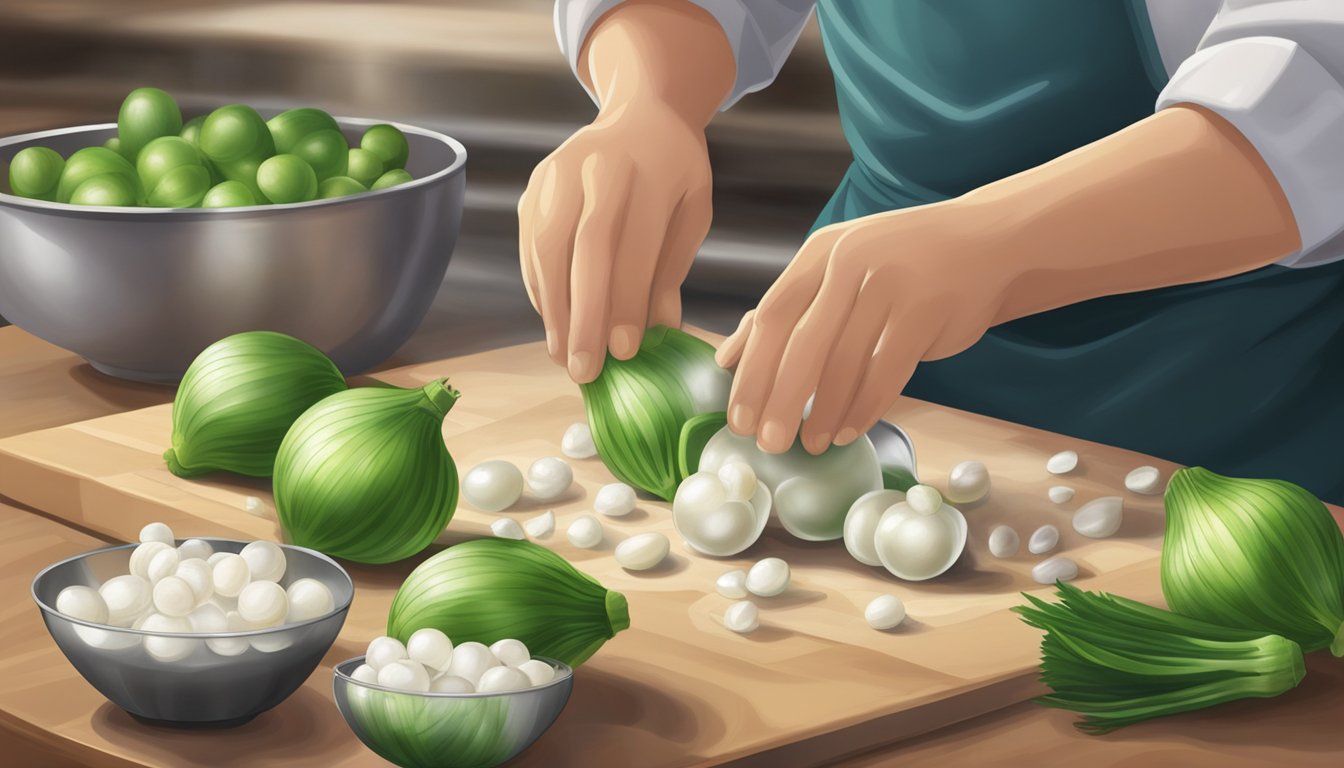 A chef carefully peels fresh pearl onions while a bag of frozen ones sits nearby, highlighting the difference in preparation techniques