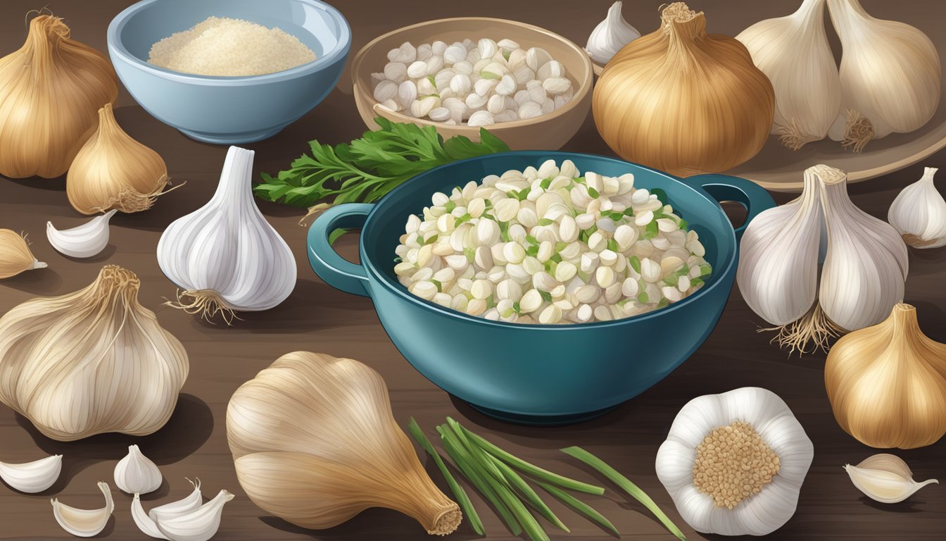 A comparison of fresh and frozen garlic in a kitchen setting, with various dishes and ingredients to illustrate flavor, convenience, and culinary uses