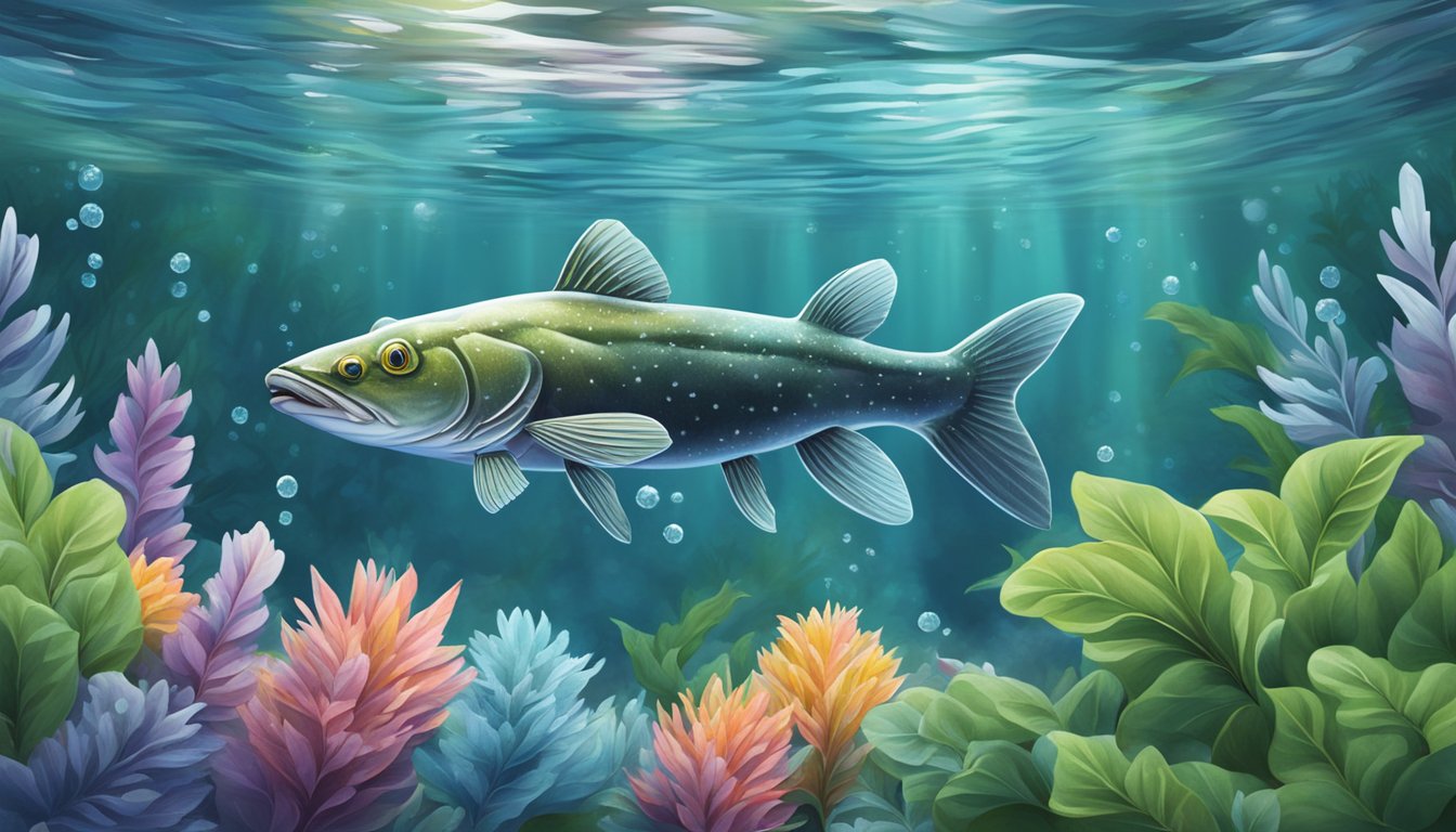 A catfish swimming in clear water, surrounded by vibrant, fresh plants and a few ice crystals, representing the choice between fresh and frozen options