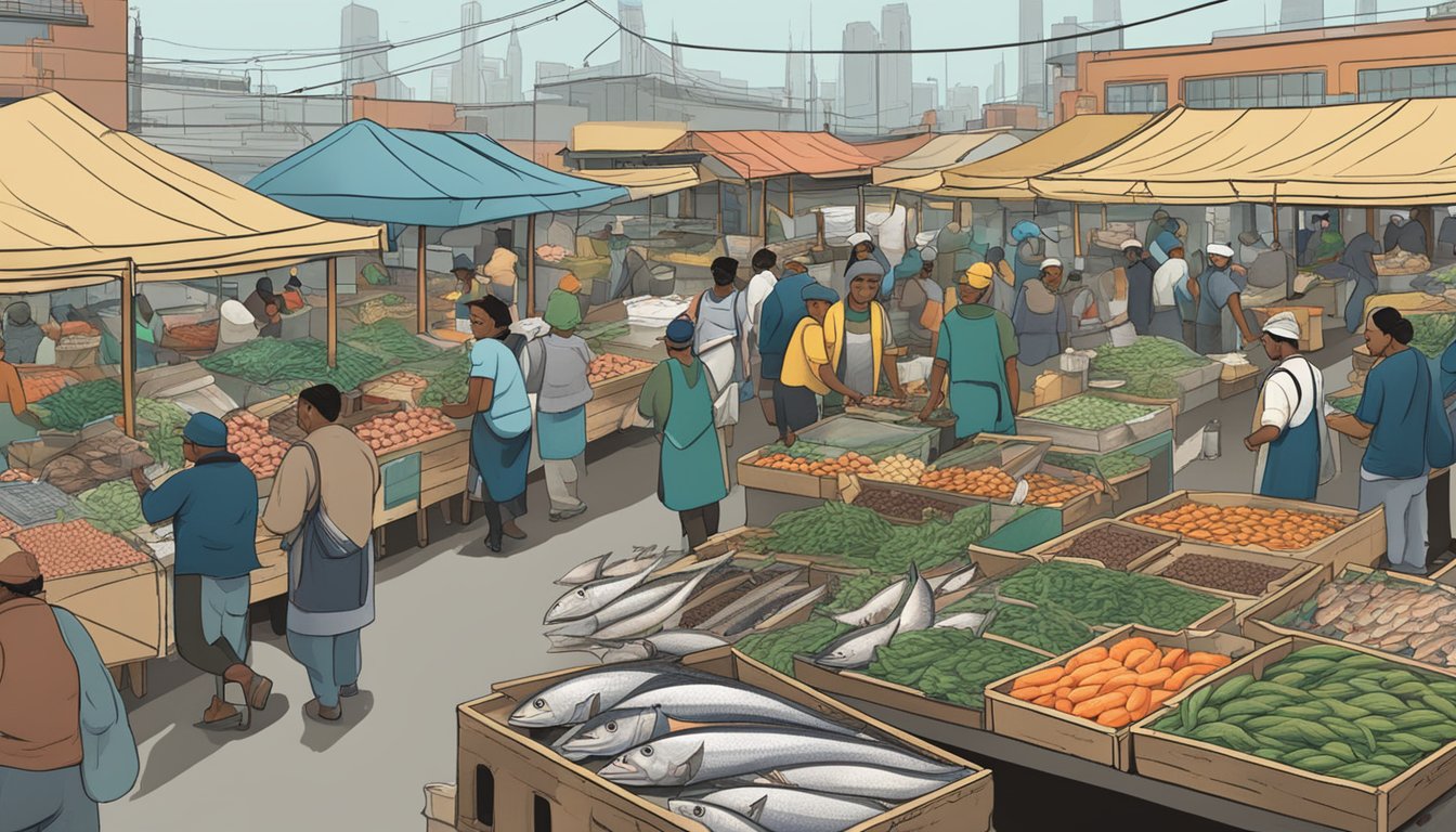 A bustling fish market with vendors selling fresh and frozen catfish, surrounded by signs promoting sustainability