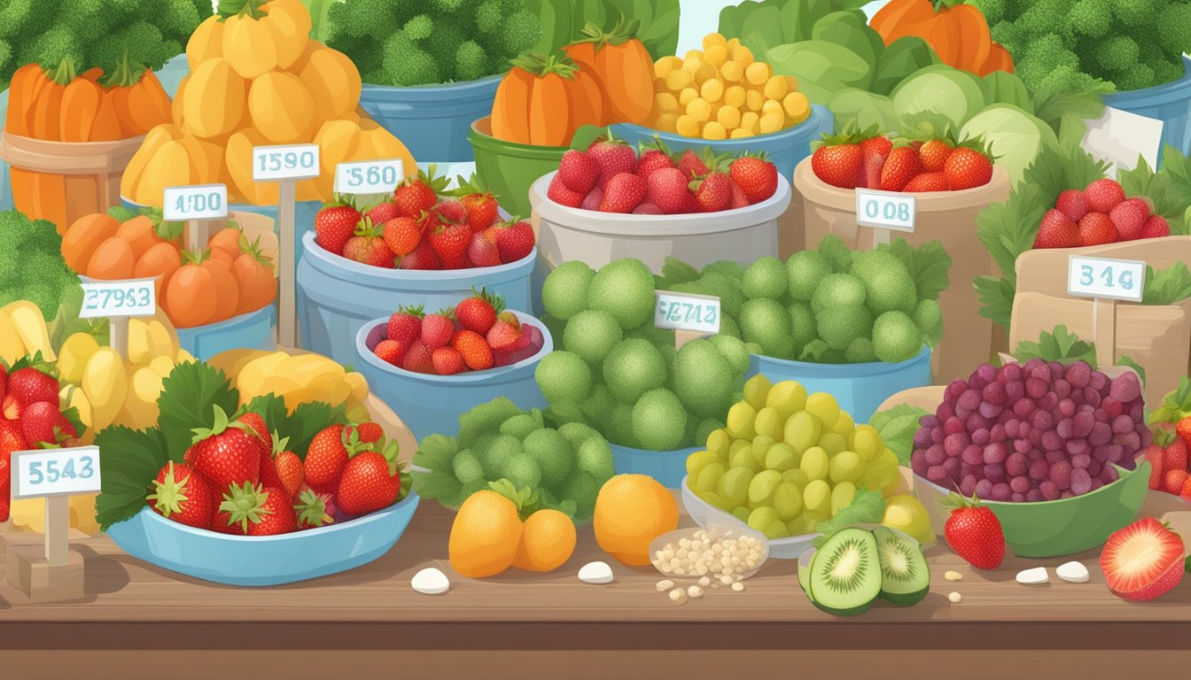 A table with fresh and frozen strawberries, surrounded by various fruits and vegetables. Nutritional charts and price tags are displayed nearby