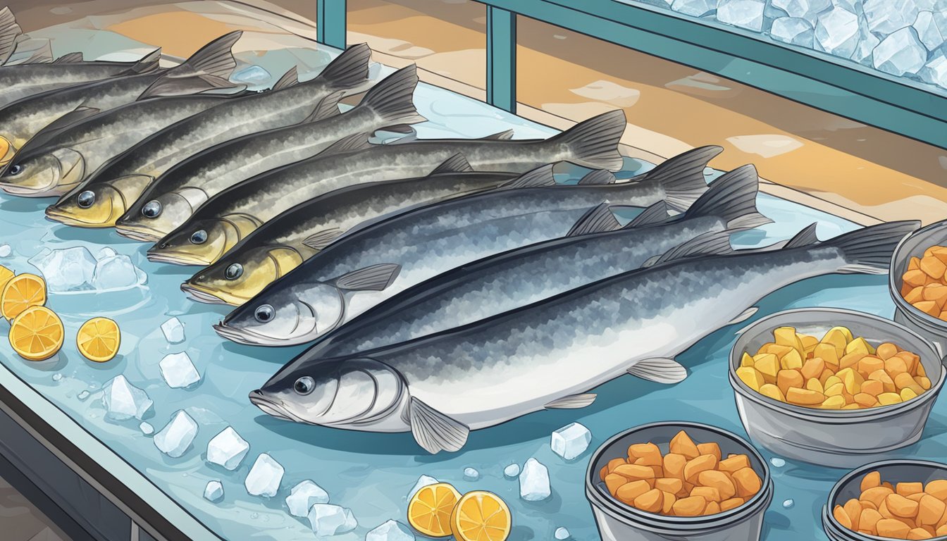 A display of fresh and frozen catfish in a market, surrounded by ice and water, with a sign indicating the different options for purchase