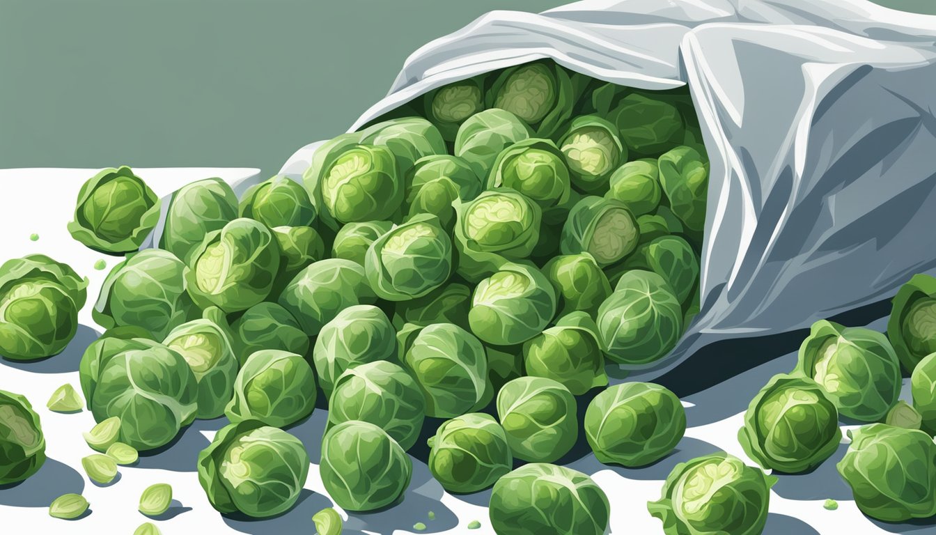 A pile of fresh Brussels sprouts sits next to a bag of frozen ones. The fresh sprouts are vibrant green and tightly packed, while the frozen ones are slightly wilted and icy