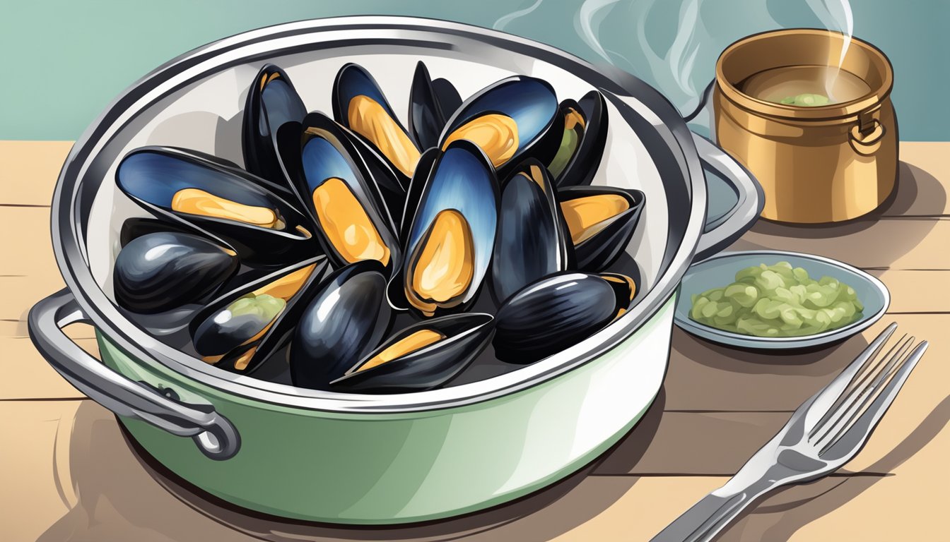 A steaming pot of fresh mussels next to a bag of frozen mussels, with a fork tasting each and a satisfied expression