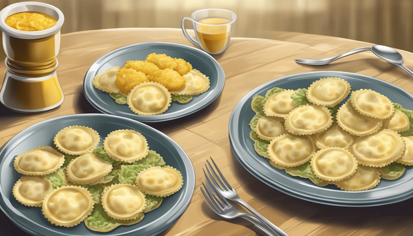 A table with two plates of steaming ravioli - one filled with frozen ravioli and the other with fresh ravioli. A spotlight highlights the contrasting textures and colors of the pasta