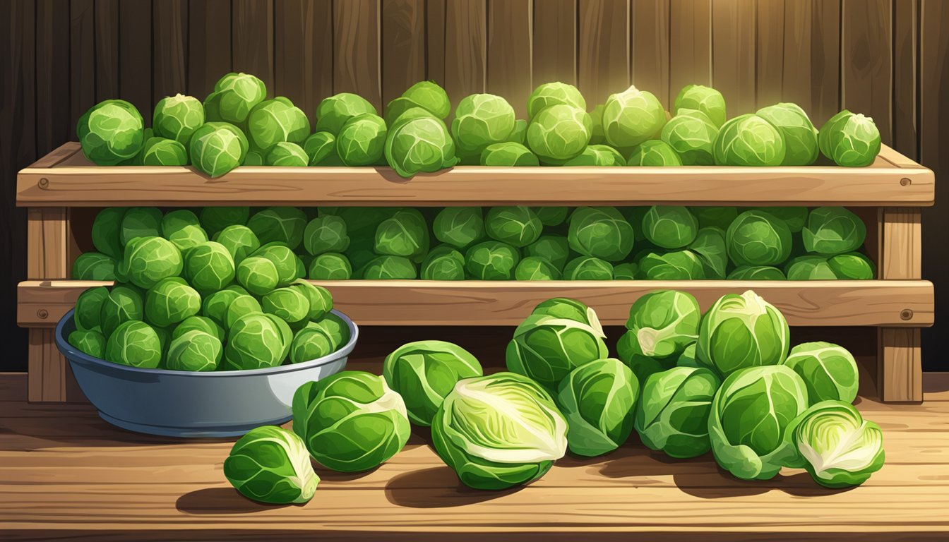 Fresh brussels sprouts on a rustic wooden shelf, next to a freezer with bags of frozen brussels sprouts. Sunlight streams in, highlighting the vibrant green color of the fresh sprouts