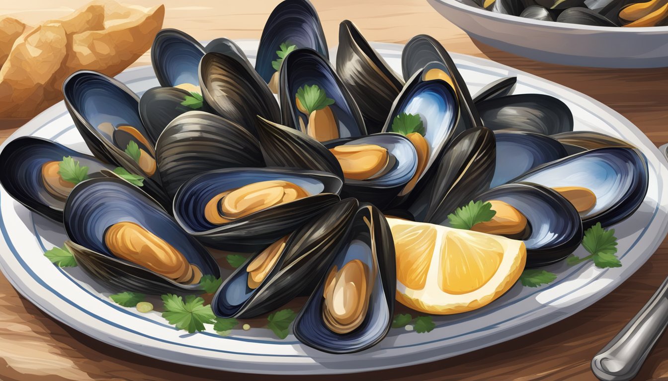 A plate of fresh and frozen mussels side by side, showcasing their varying textures and colors, with a steaming pot in the background