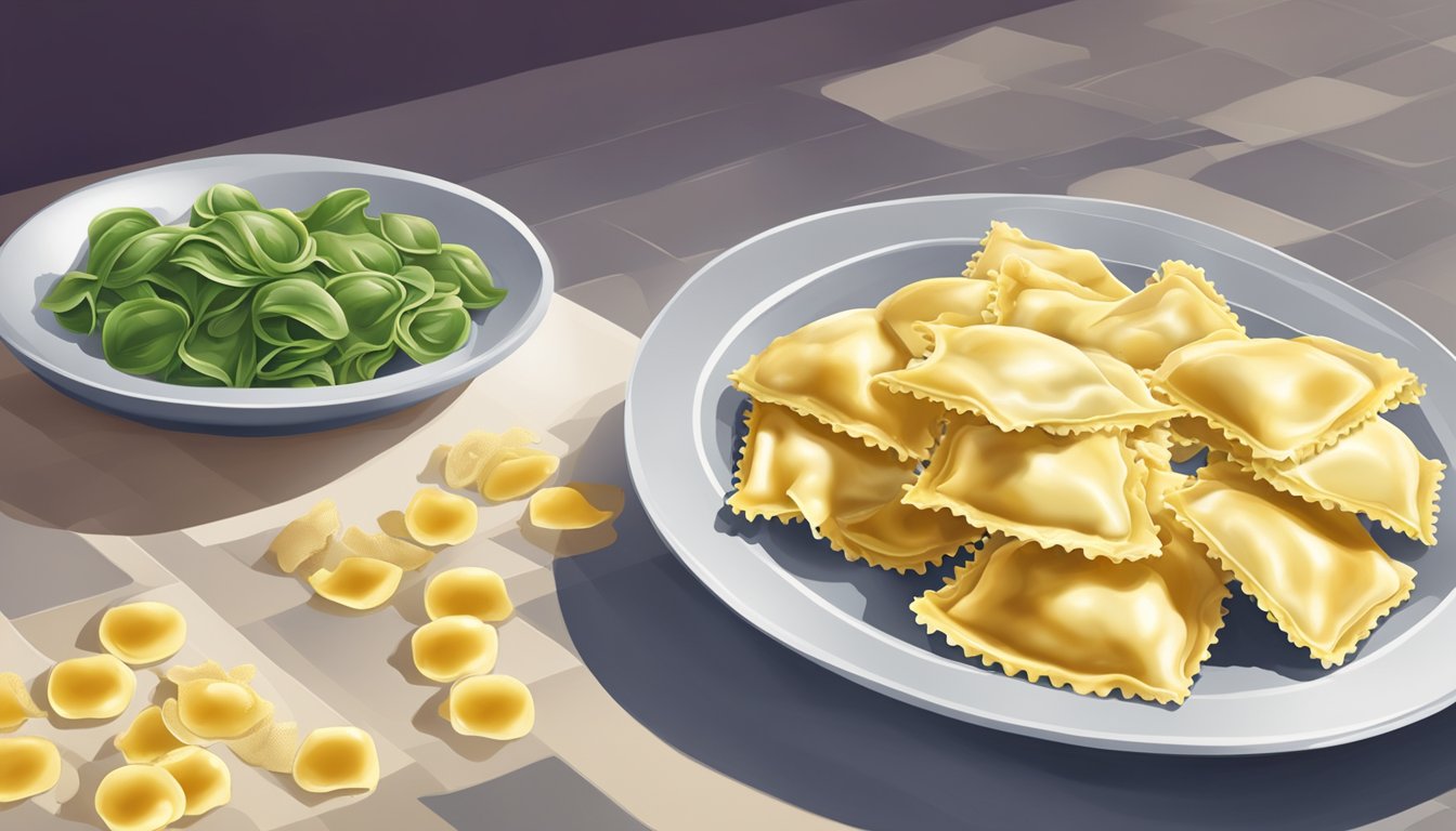 A table split in half, one side with a pile of frozen ravioli and the other with fresh ravioli. A spotlight shines down on the contrasting pasta, emphasizing the ultimate showdown