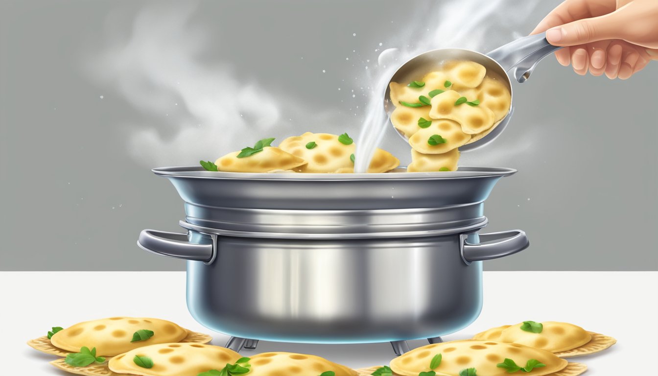 A steaming pot of water with fresh and frozen ravioli being dropped in simultaneously