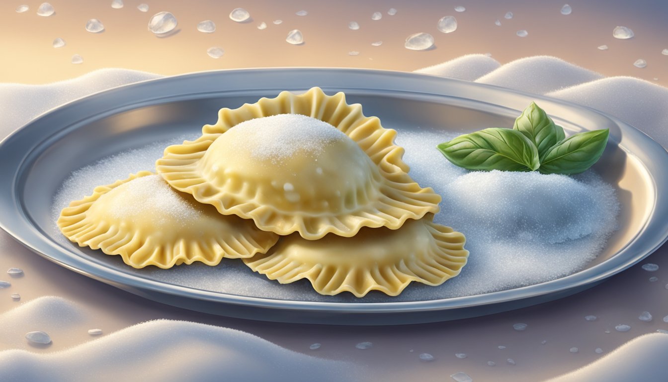 A frozen ravioli sits on a frosty surface, while a fresh ravioli lies next to it, showcasing the impact of freezing on pasta