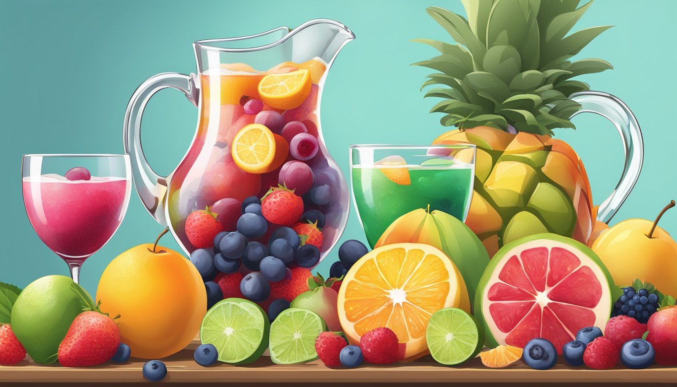 A colorful array of fresh and frozen fruits arranged around a pitcher and glasses, ready to be crafted into the ultimate non-alcoholic sangria experience