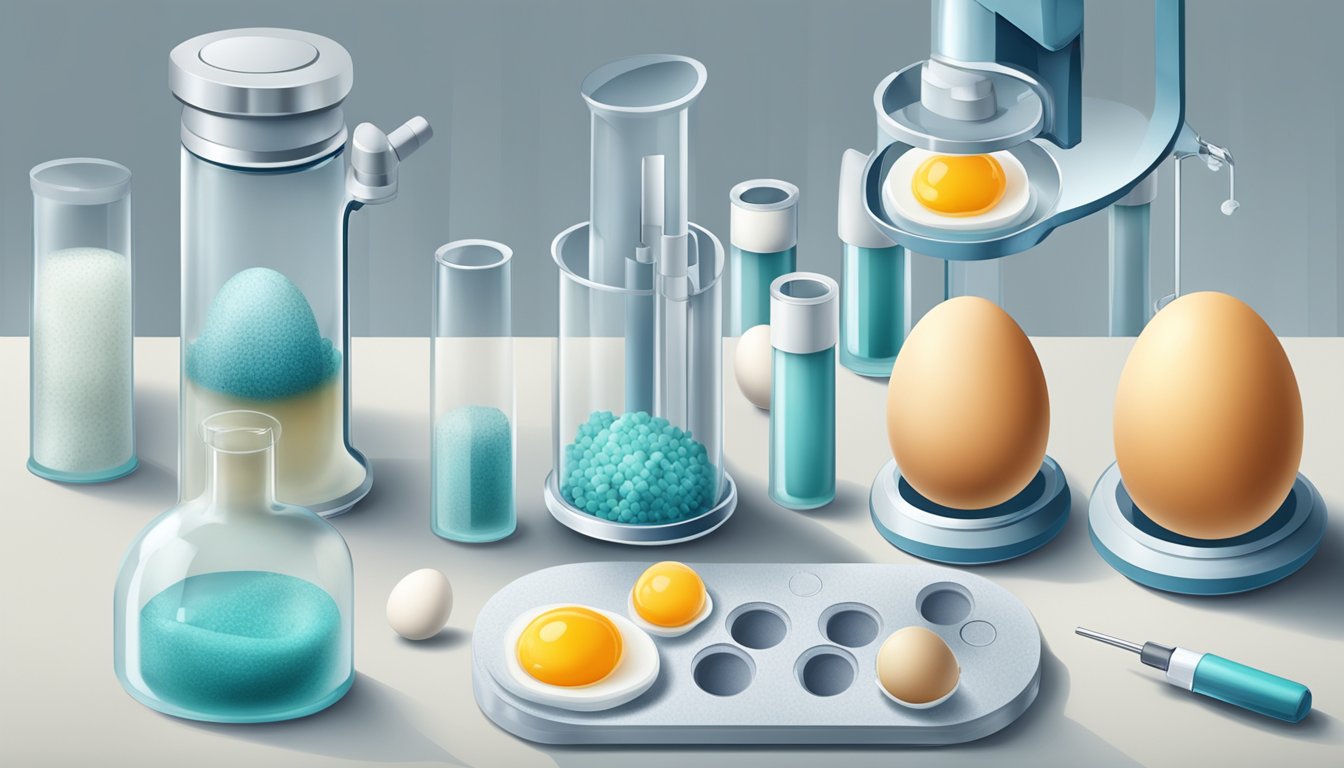 A laboratory setting with two sets of eggs, one frozen and one fresh, being analyzed and compared under a microscope