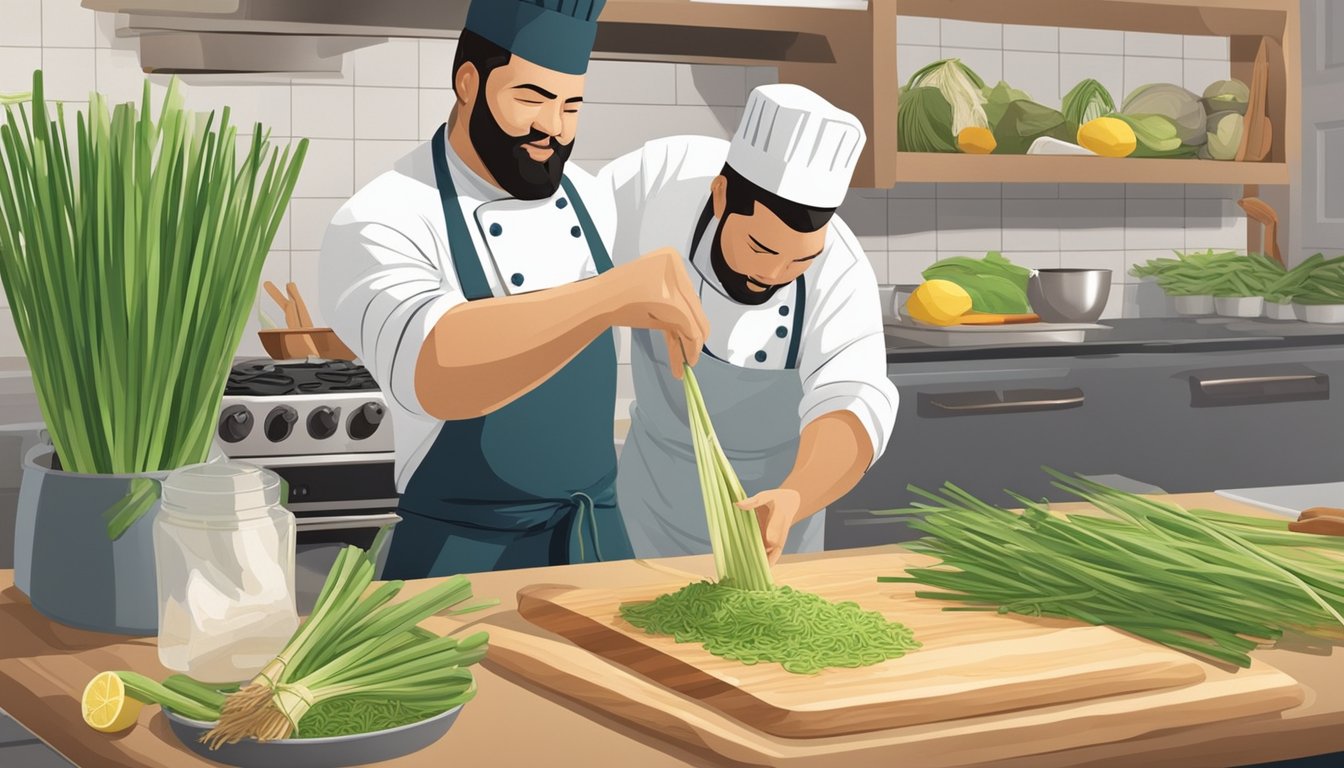 A chef chopping fresh lemongrass while a person reaches into the freezer for a bag of frozen lemongrass. Both are surrounded by a variety of cooking utensils and ingredients