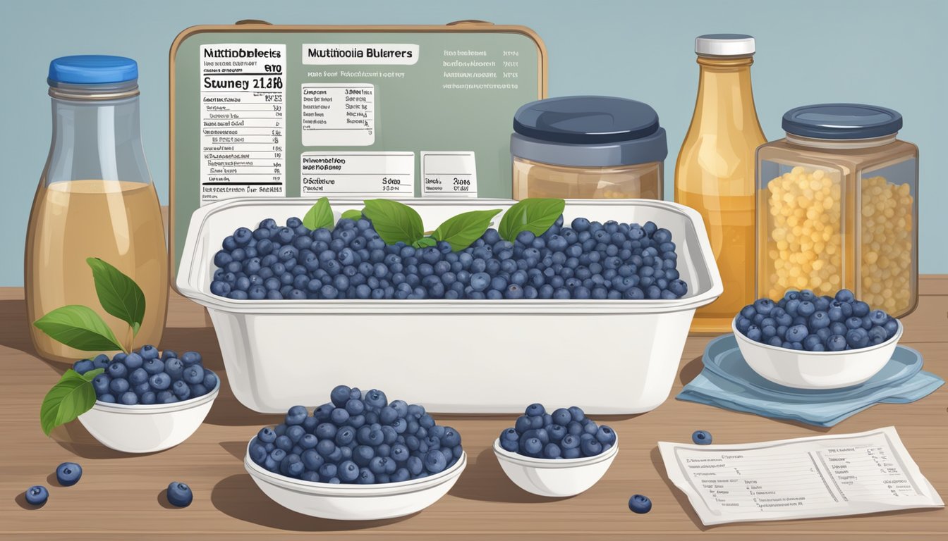 A table with fresh and frozen blueberries, surrounded by various storage containers and nutritional information