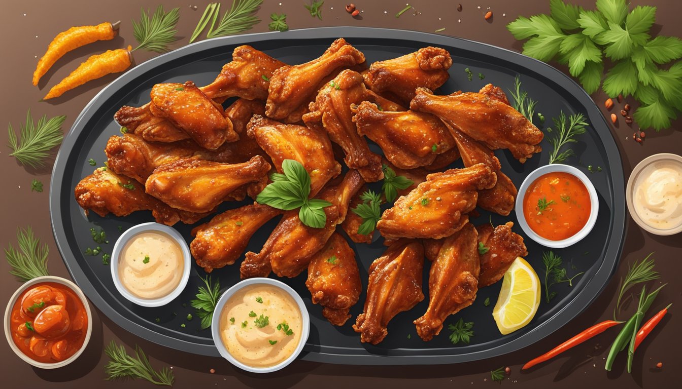 A platter of sizzling chicken wings, some fresh and others frozen, sizzling on a grill, surrounded by aromatic herbs and spices