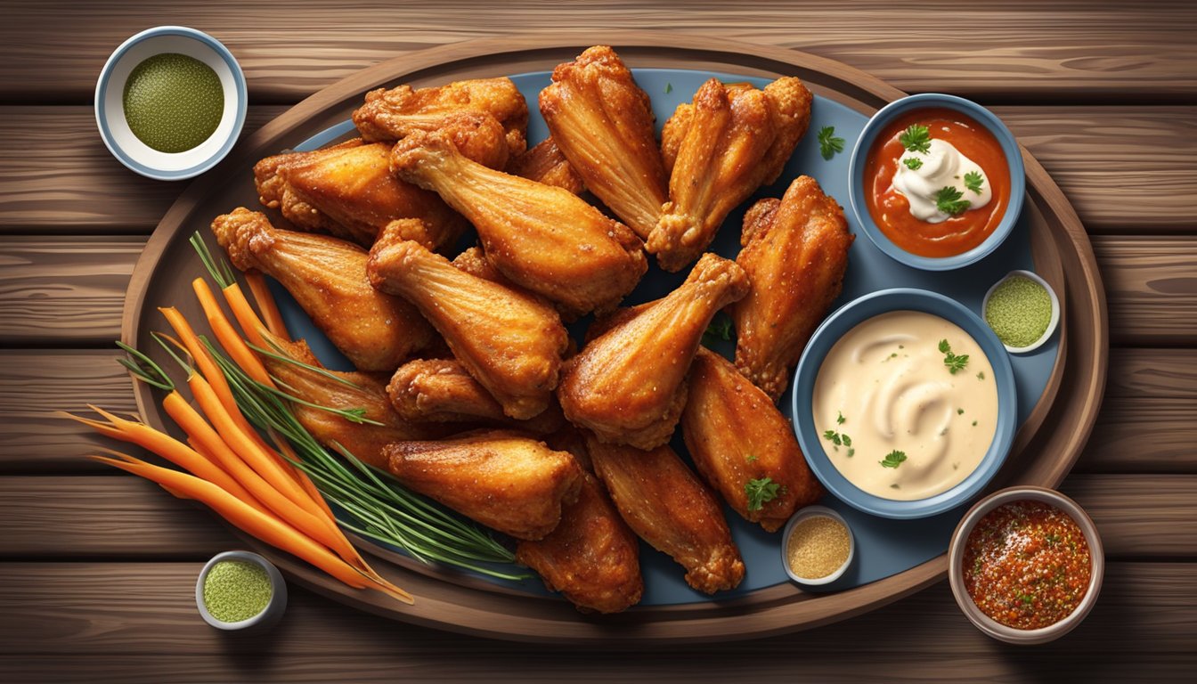 A platter of fresh and frozen chicken wings on a rustic wooden table, surrounded by various seasonings and sauces