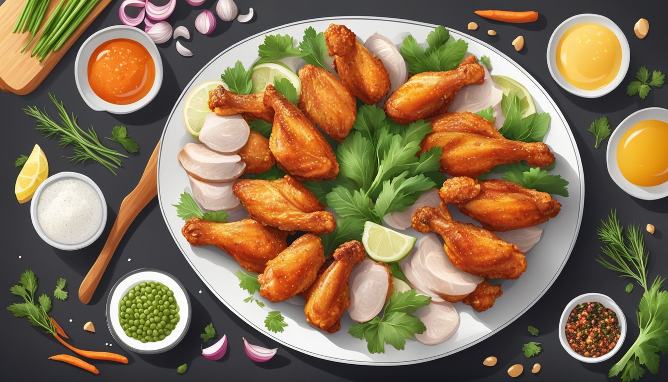 A table with a plate of fresh and frozen chicken wings, surrounded by various ingredients and seasonings, with a spotlight highlighting the wings