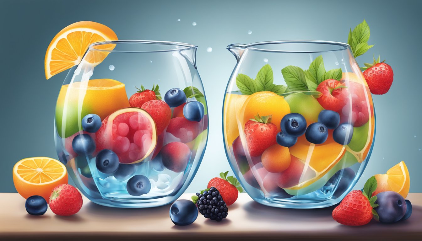 Fresh and frozen fruit floating in a pitcher of water, releasing vibrant colors and enticing aromas