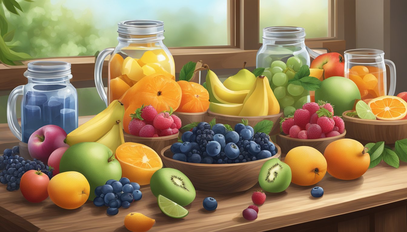 A variety of fresh and frozen fruits displayed on a wooden cutting board, surrounded by glass jars and a pitcher of water