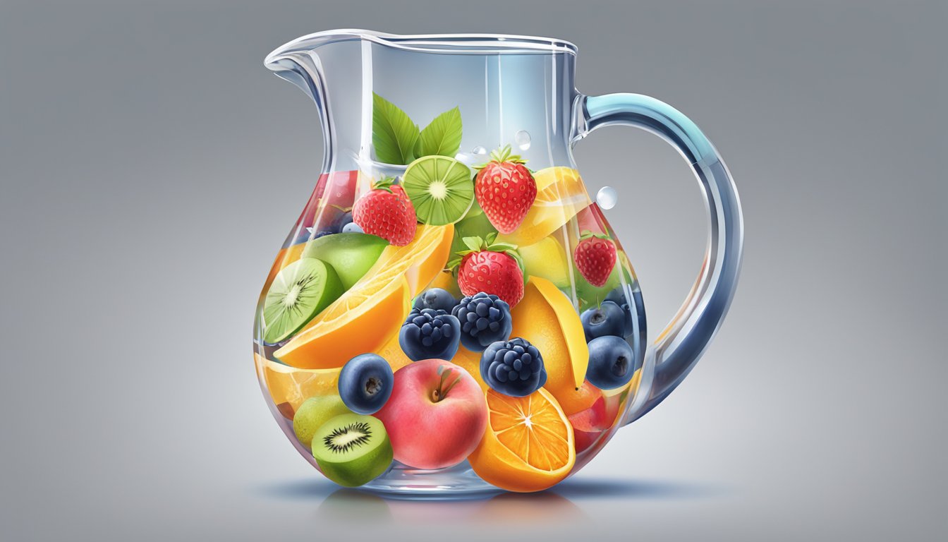 A glass pitcher filled with water and assorted fruits, some fresh and some frozen, floating inside. The vibrant colors and shapes of the fruits create a visually appealing and refreshing scene