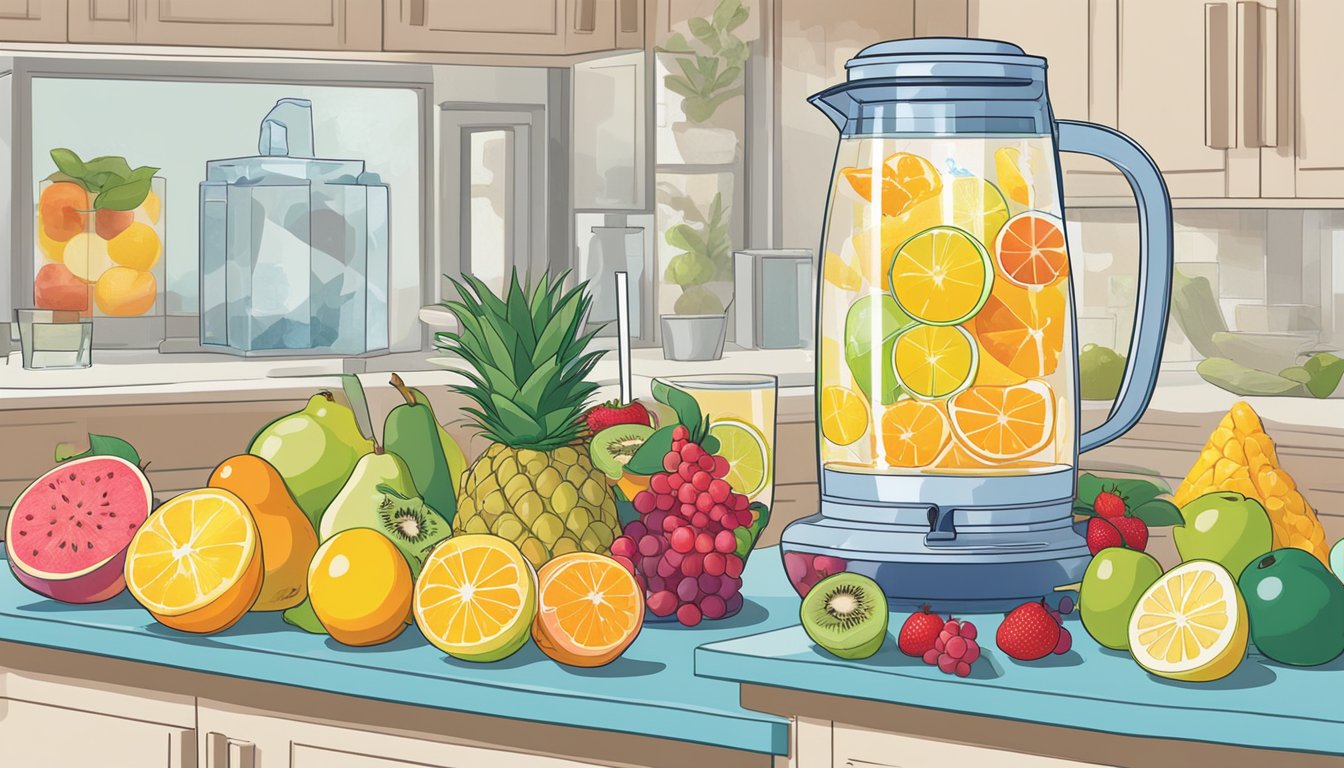 A colorful array of fresh and frozen fruits displayed next to a pitcher of infused water. Safety tips posted on a bulletin board nearby