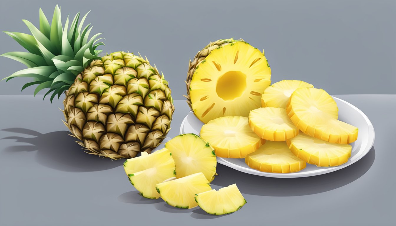 A table with fresh and frozen pineapple slices, a nutrition label, and a timer