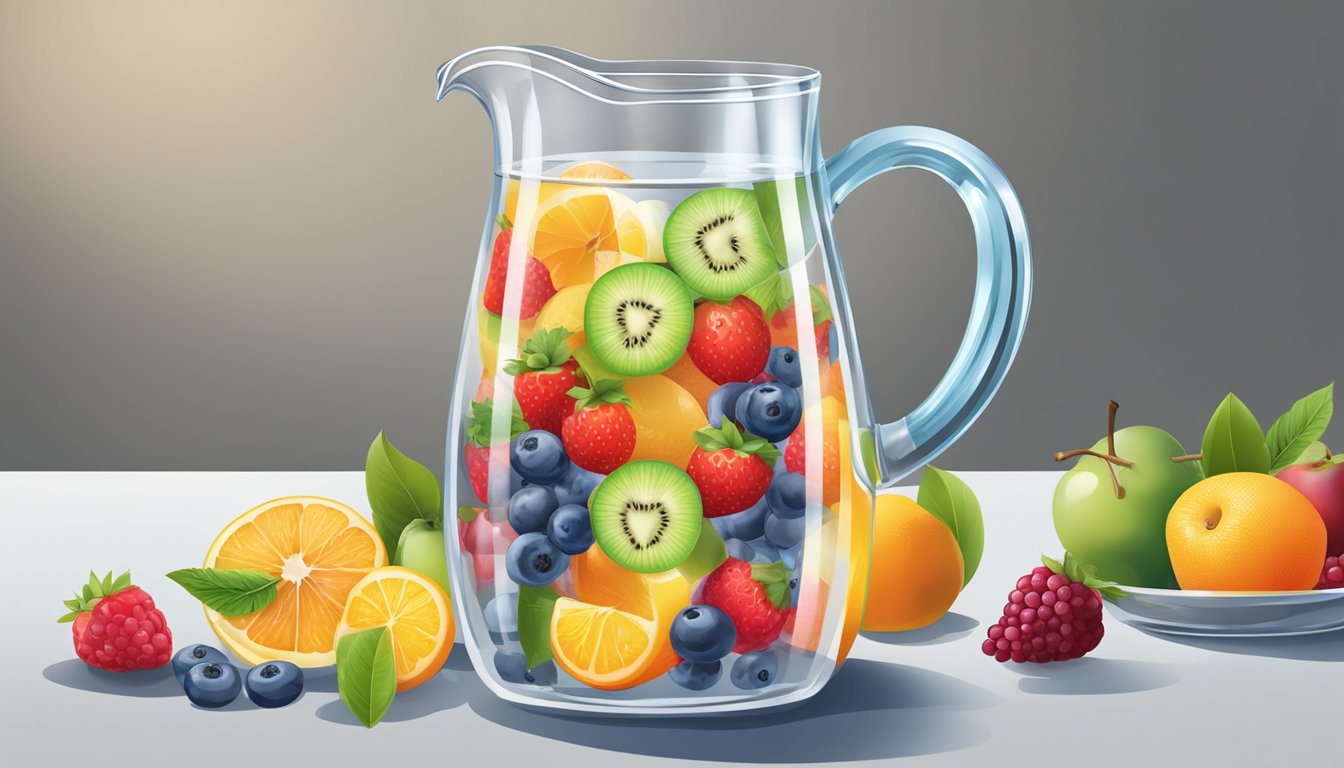 A glass pitcher filled with water, surrounded by a variety of fresh and frozen fruits, ready to be used for enhancing infused water