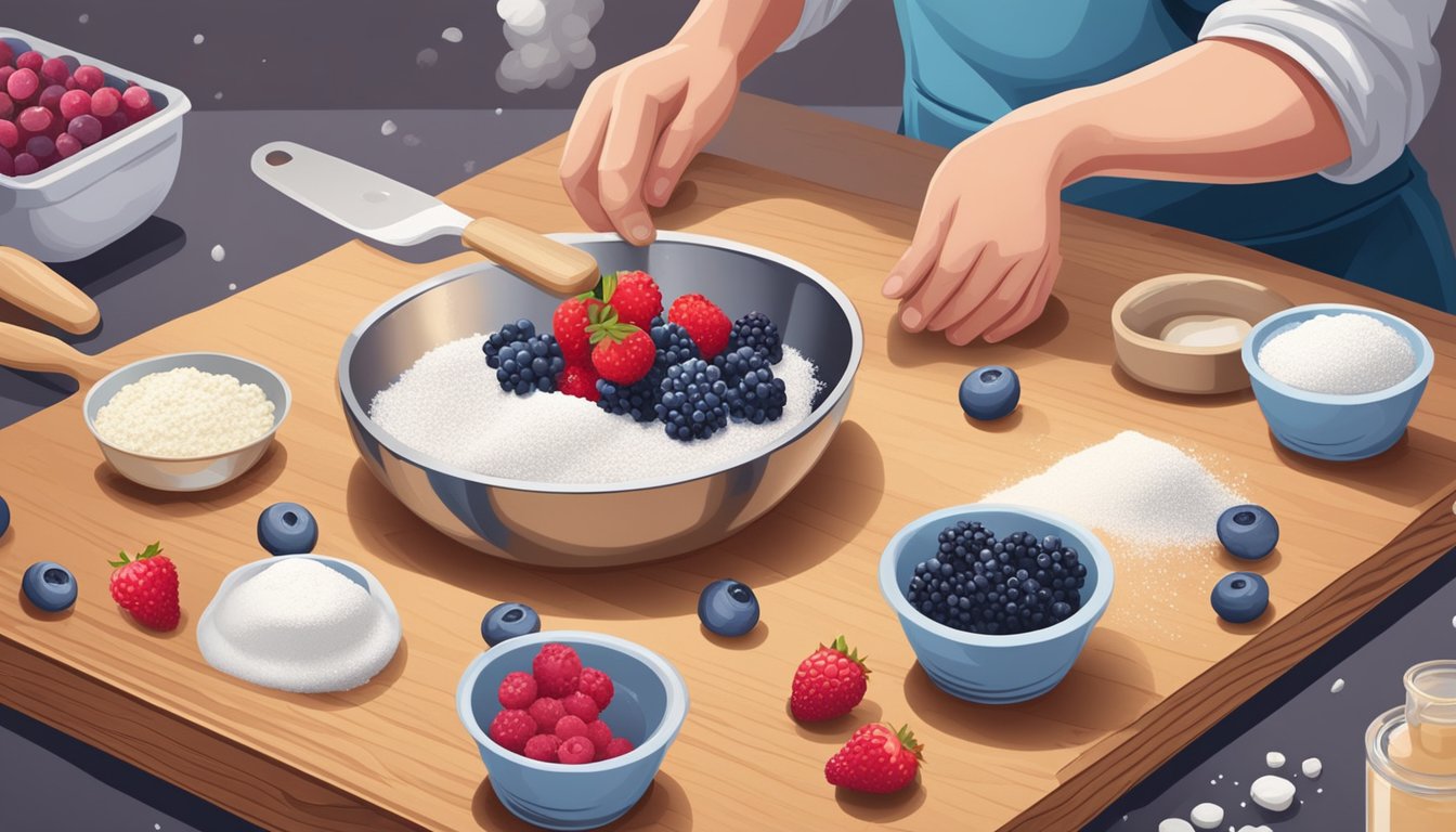 A baker carefully selects and arranges a variety of fresh and frozen berries on a wooden cutting board, surrounded by flour, sugar, and baking utensils