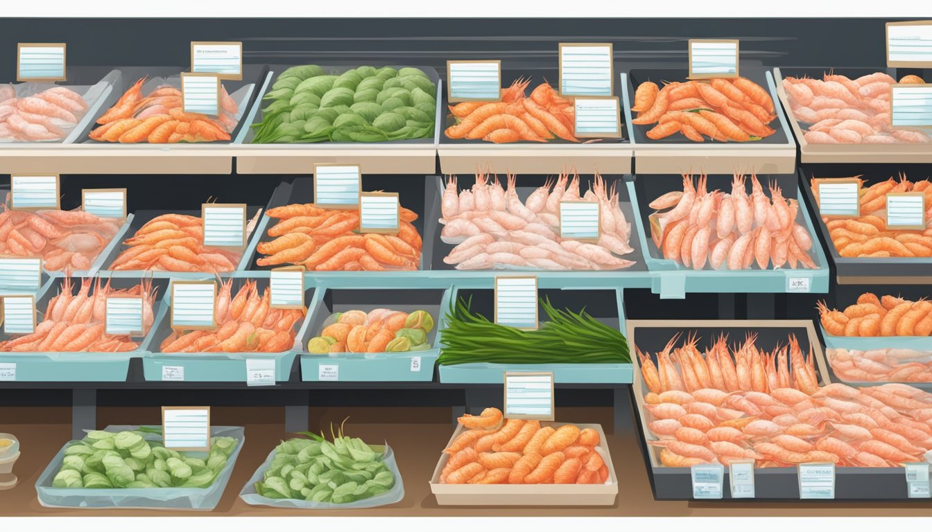 A vibrant market stall displays a variety of fresh and frozen prawns on ice, with labels indicating their origin and price